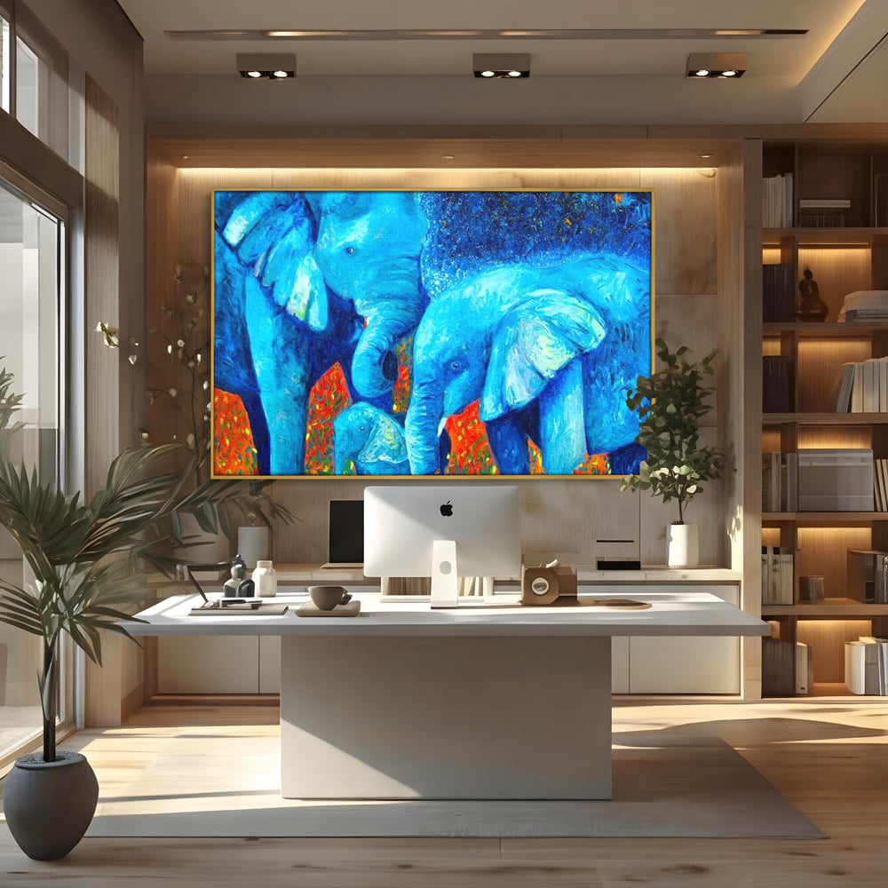 Tablou canvas cu pictura canvas cu familie de elefanti, in rama de aluminiu auriu, pe perete intr-un birou